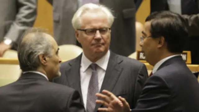 敘利亞駐聯合國大使和俄國大使邱爾金、中國駐聯合國副代表王民