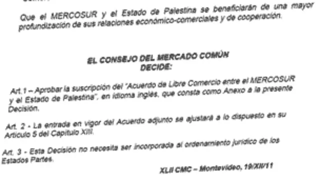 Texto de la suscripción del acuerdo de libre comercio entre el Mercosur y Palestina