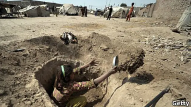 Niña paquistaní excavando un pozo
