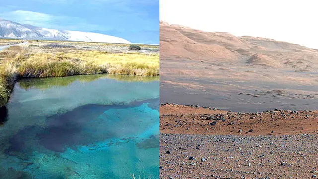 Cuatro Ciénegas, a la izq. y el cráter Gale en Marte a la der.L. Eguiarte Fruns//NASA/JPL-Caltech/MSSS.