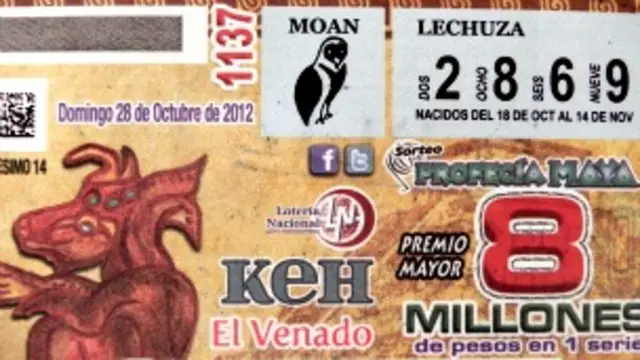 Billete de lotería mexicana sobre profecía maya