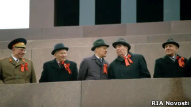 Члены политбюро на трибуне мавзолея. Слева направо: Дмитрий Устинов, Константин Черненко, Николай Тихонов, Леонид Брежнев, Виктор Гришин