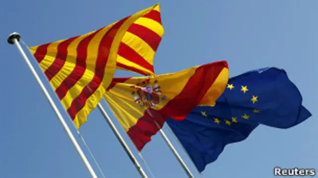 Banderas de Cataluña, España y la Unión Europea