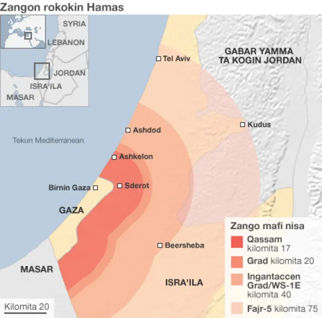 Taswirar dake nuna garuruwa da biranen Isra'ila masu fuskantar barazana