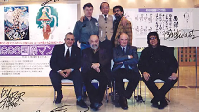 GM Sudarta bersama sejumlah kartunis Ukraina, Prancis, Inggris, Bulgaria, Rusia serta Jepang (1996). 