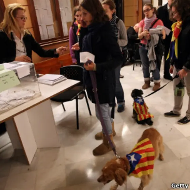 Una mujer vota con dos perros con la bandera catalana