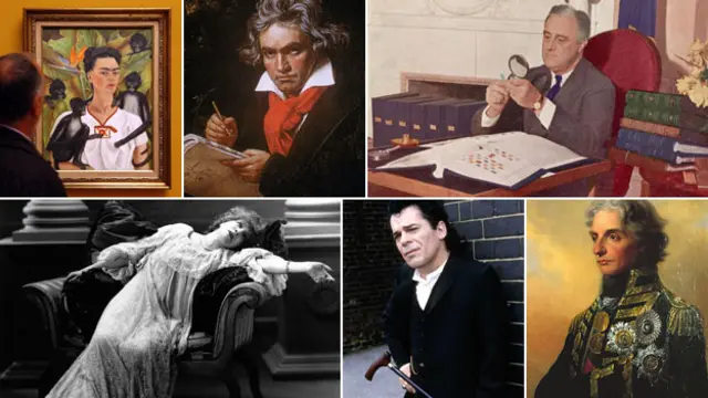La artista Frida Kahlo, el compositor Ludwig van Beethoven, el presidente de EE.UU. Franklin D. Roosevelt, el almirante Horatio Nelson, el cantante Ian Dury y la actriz Sarah Bernhardt.