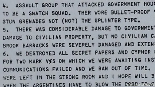 telegrama británico informa ataque argentino a Puerto Stanley