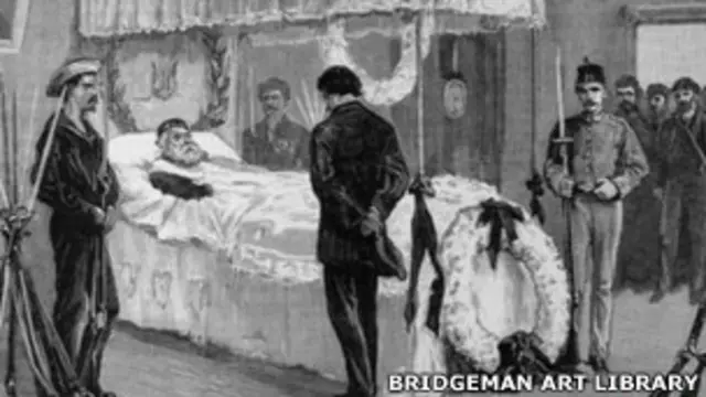 Grabado de Garibaldi en su lecho de muerte