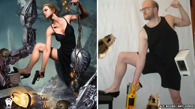 एक कवर पर छपी तस्वीर की नकल करते जिम हाईंज़.