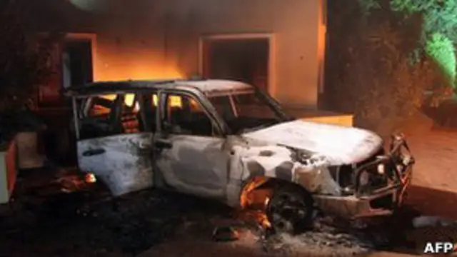 Сгоревшая машина в Бенгази