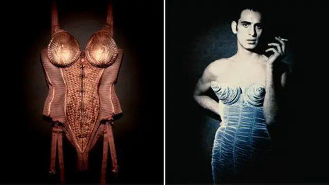 Kutang kerucut (kiri) yang pernah dikenakan Madonna dihargai £30,000. 