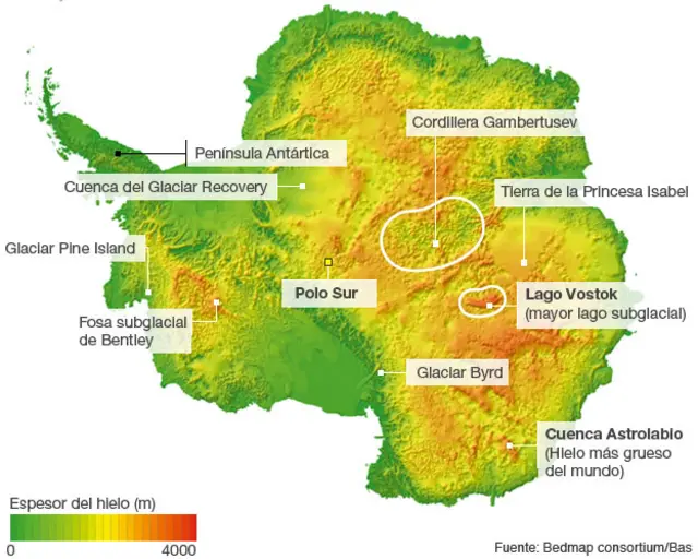 Mapa del espesor del hielo en la Antártica