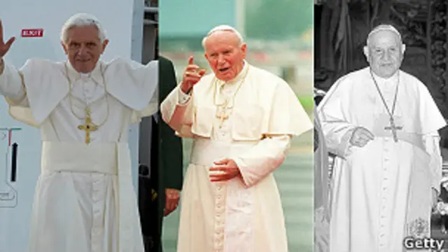 Los papas Benedicto XVI, Juan Pablo II y Juan XXIII