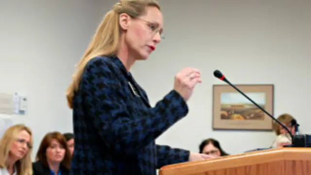 सिनेटर बेटे ग्रांडे सदन की मानव सेवा समिति के समक्ष बयान देती हुईं