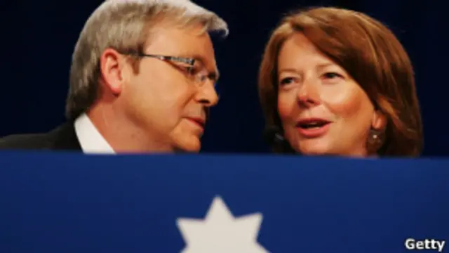 Ông Kevin Rudd (trái) từng bị bà Julia Gillard lật đổ năm 2010