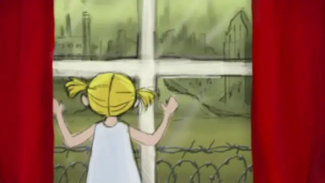 Menina vê pela janela cidade devastada