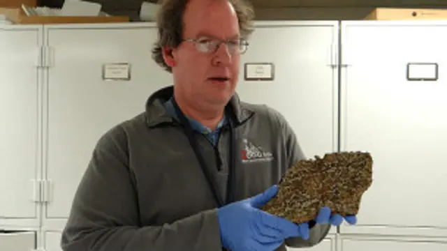 Timothy McCoy e um dos meteoritos do acervo do Smithsonian (BBC)