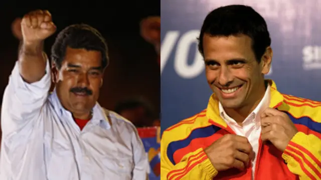 نیکلاس مادورو، رییس جمهور، در سمت چپ و انریکه کاپریلس، رهبر مخالفان در سمت راست 