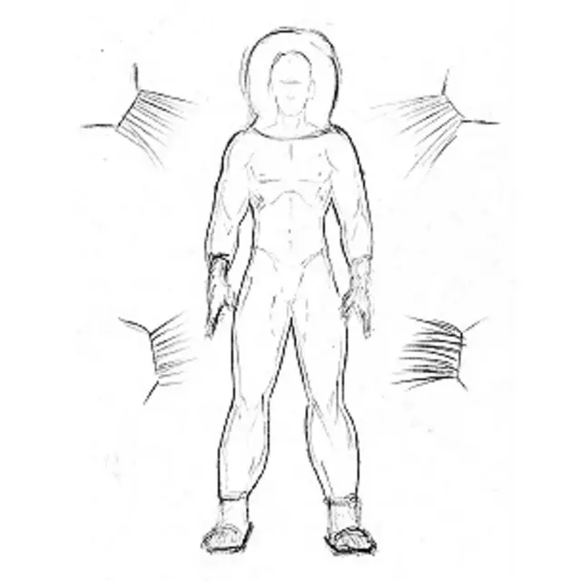 Биокостюм вместо скафандра - кожа опыляется специальным защитным составом, а в шлем заливается жидкость, которой "дышат" легкие. Рисунок Олега Блинова.