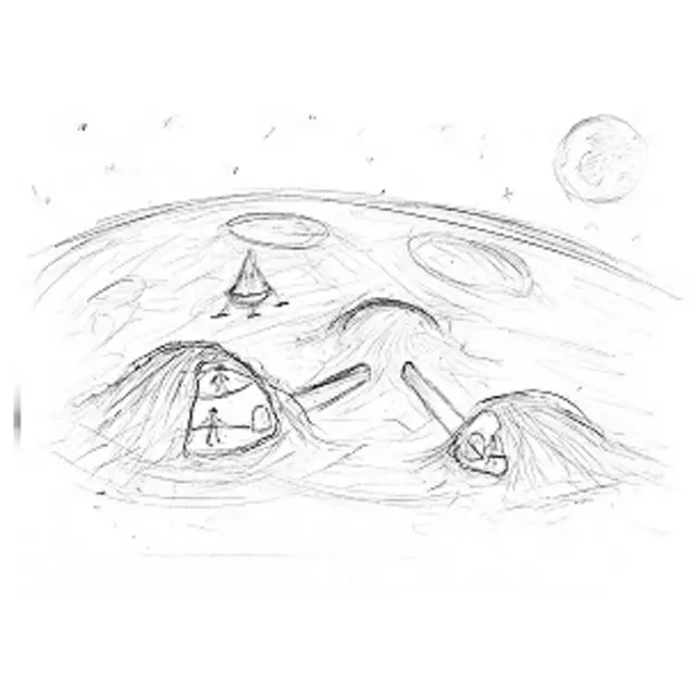 Мини-город на Луне: шарообразные дома соединены друг с другом трубками переходов и засыпаны грунтом для защиты от метеоритов и астеродидов. Рисунок Олега Блинова.