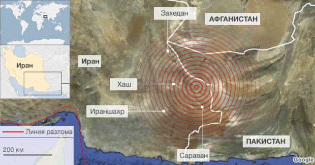 Зона землетрясения в Иране