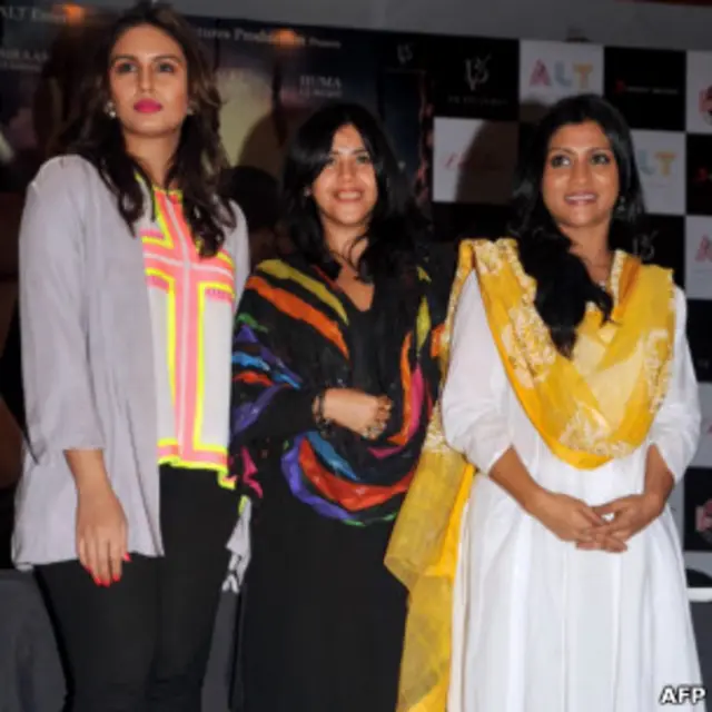 (बाएं से) फिल्म 'एक थी डायन' की अभिनेत्री हुमा क़ुरैशी, निर्माता एकता कपूर और अभिनेत्री कोंकणा सेन शर्मा