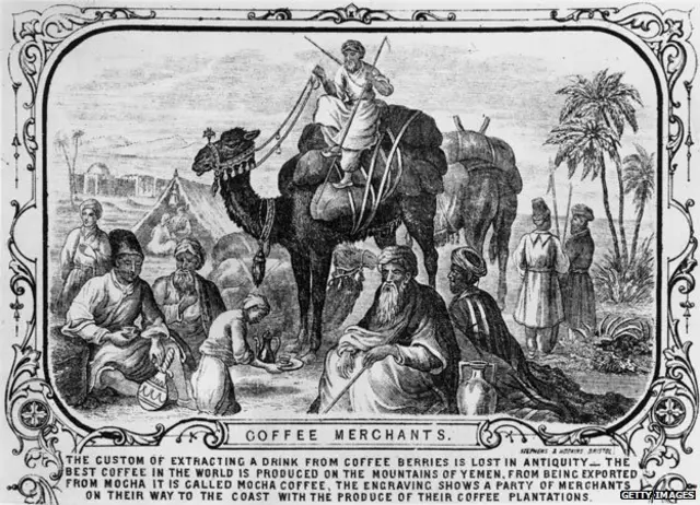 اس تصویر میں کافی کے تاجر دکھائے گئے ہیں جو کافی لے کر بندرگاہ تک جا رہے ہیں