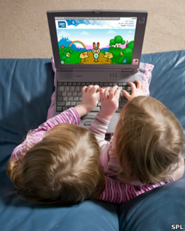 Niñas jugando con un computador