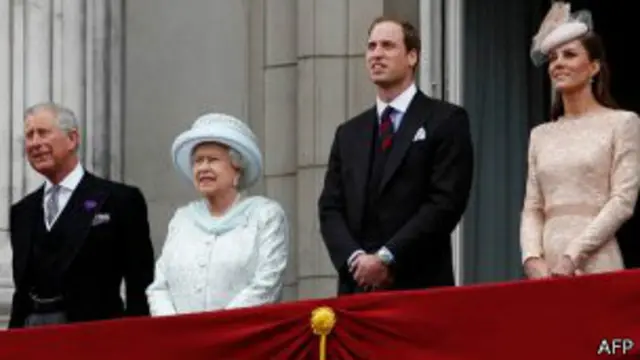 از چپ به راست: چارلز، ملکه، ویلیام و همسرش