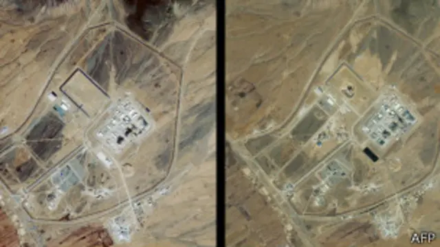 تصاویر ماهواره ای از ساخت نیروگاه هسته ای اراک در سال ۲۰۰۴ (چپ) و ۲۰۰۵ (راست)