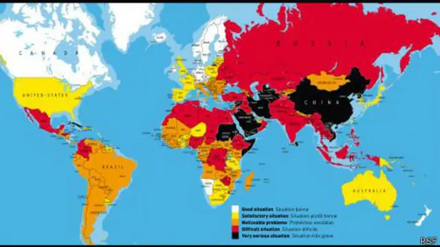 Việt Nam bị RSF liệt vào danh sách các nước thù địch Internet (vùng màu đen trên bản đồ)
