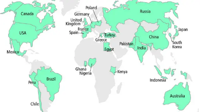 دنیا میں سروے میں حصہ لینے والے ممالک: ان ممالک میں لوگوں سے براہ راست یا ٹیلی فون کے ذریعے انٹرویو کیے گئے 