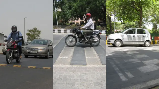 ये हैं विभिन्न प्रकार के स्पीड ब्रेकर - रंबल स्ट्रिप, स्पीड टेबल और बिटुमन से बना स्पीड ब्रेकर (बाएं से दाएं)