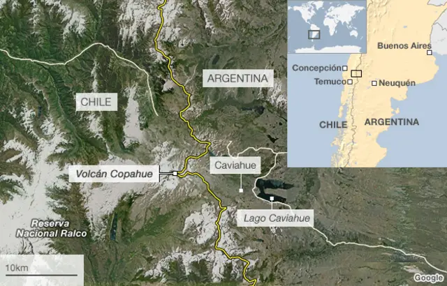 Mapa de la zona or el volcán Copahue
