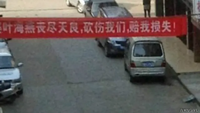 叶海燕住所楼下悬挂的侮辱性横幅（王宇提供图片12/6/2013）