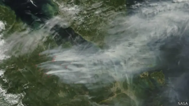 美国宇航局卫星拍摄到的印尼林火烟雾