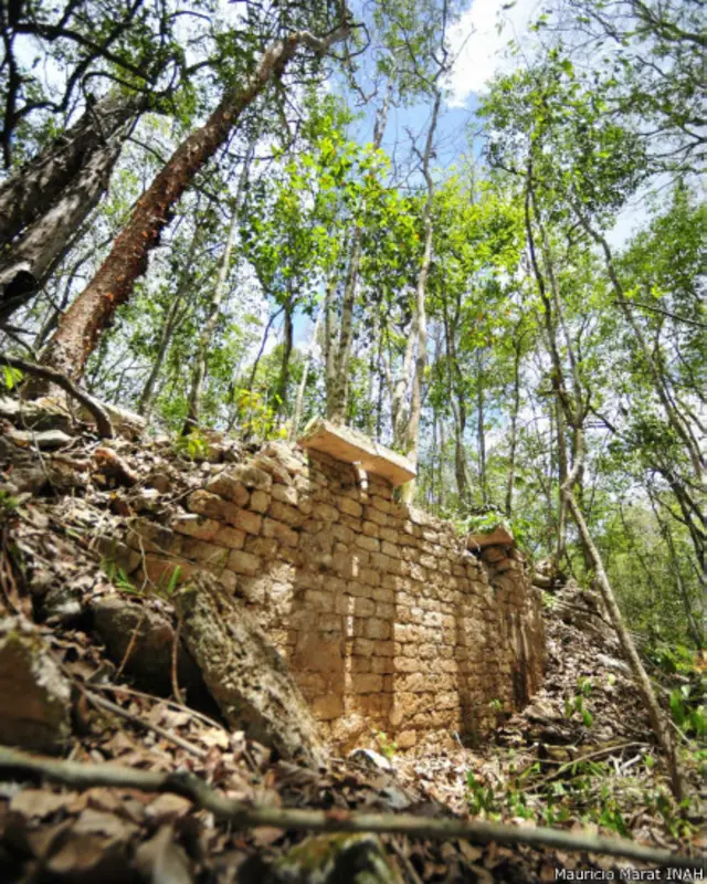 Muro aún conservado de una estructura en el complejo sureste, Chactún.