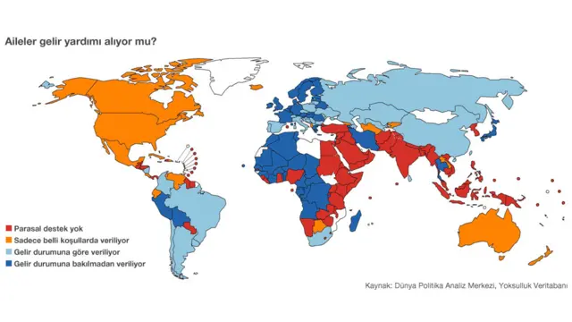 California Üniversitesi, çocukların refahı, eğitim durumu ve aile yaşantısı konusunda bugüne kadar yapılmış en geniş kapsamlı çalışmayı harita haline getirdi. Üniversitenin Dünya Politika Analiz Merkezi başkanı Dr Jody Heymann, "Haritaya baktığında herkesin gözü ilk olarak kendi yaşadığı ülkeye kayıyor." diyor. ABD'de doğum ödeneği hakkına dair yasal bir düzenlemenin olmaması şaşırtıcı olabilir. Kaynak: Haritalar Los Angeles California Üniversitesi Dünya Politika Analiz Merkezi tarafından yayınlandı. www.childrenschances.org