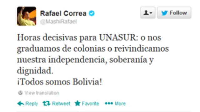 Correa'nın Twitter mesajı