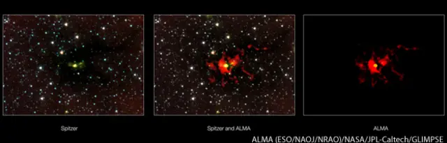 El nacimiento de una estrella gigantesca visto en diferentes longitudes de onda