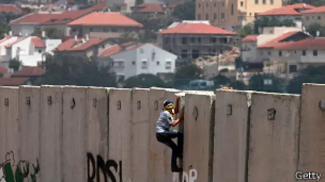 палестинец, стена и поселение на Западном берегу