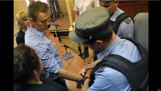 Полицейский надевает наручники на Навального