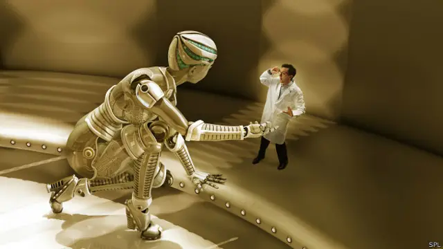 Humanoide con cientifico asombrado