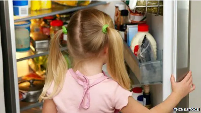 Дівчинка біля холодильника