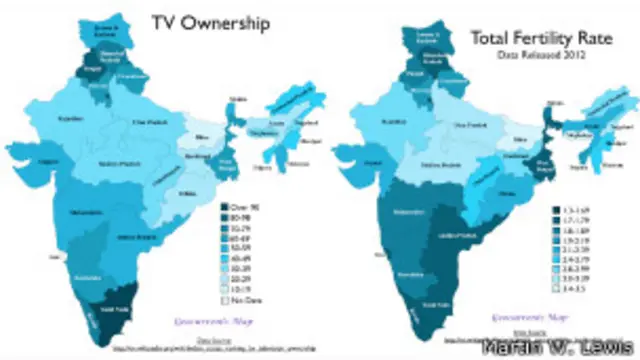 Mapa de acceso a la TV y natalidad en India