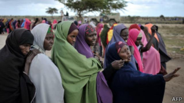 Женщины Сомали стоят в очереди за гуманитарной помощью