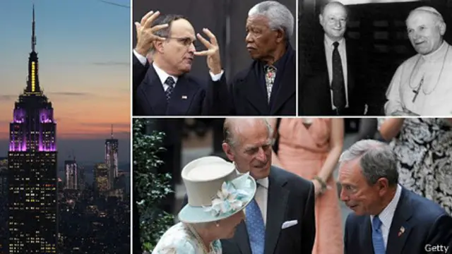De izq a der: el Empire State en Nueva York, Rudy Giuliani con Nelson Mandela, Ed Koch con el Papa Juan Pablo II, Michael Bloomberg con la reina Isabel II y el príncipe Felipe and Princípe Felipe