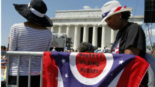 Une des nombreuses banderoles apportées par les participants à la commémoration du 50e anniversaire du discours de Martin Luther King. 