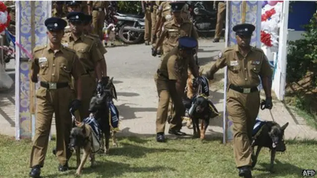 कुत्तों के नौ जोड़ों को पुलिस वाले शादी के समारोह तक लाए.